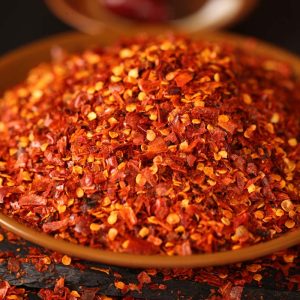 Chili powder for chili oil in a brown bowl