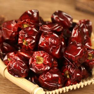 Denglongjiao dried chili peppers in a bamboo basket