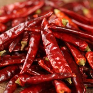 Tiaozi dried chili peppers heaped in close-up