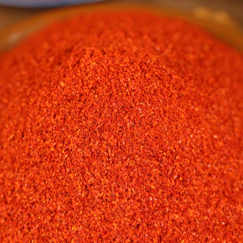 Three-variety ground chili blend close up of the ground blend