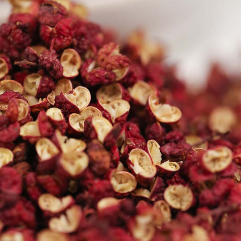Meihua red Sichuan peppercorns husks in close-up