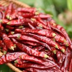 Tiaozi dried chili peppers in a bamboo sieve