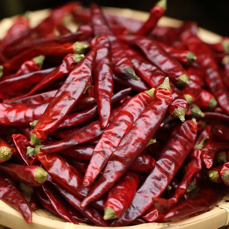 Tiaozi dried chili peppers in a bamboo basket