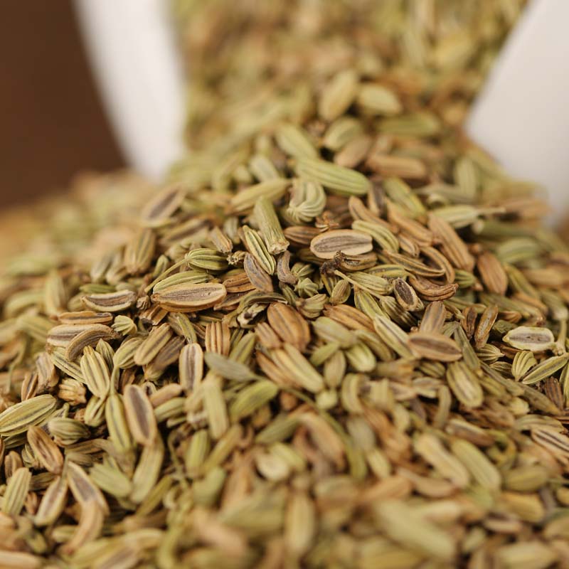 Fennel seeds beside a white bowl