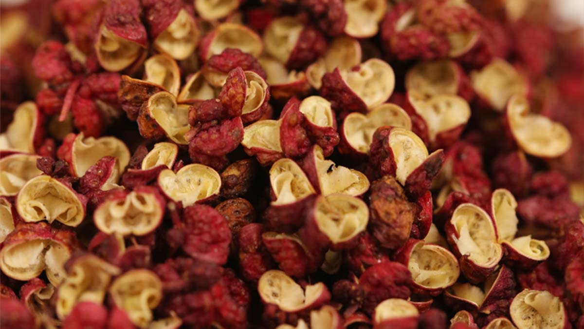 Dried red Sichuan peppercorns, close-up
