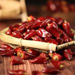 Zidantou dried chili peppers on a bamboo tray
