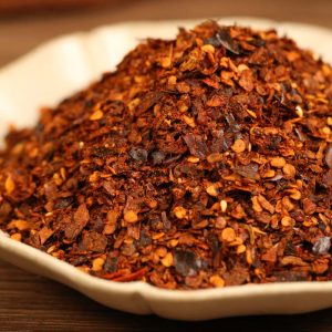 Roasted chili powder in a white dish