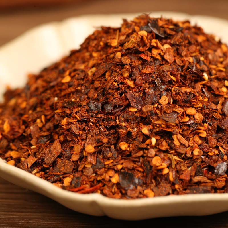 Roasted chili powder in a white dish